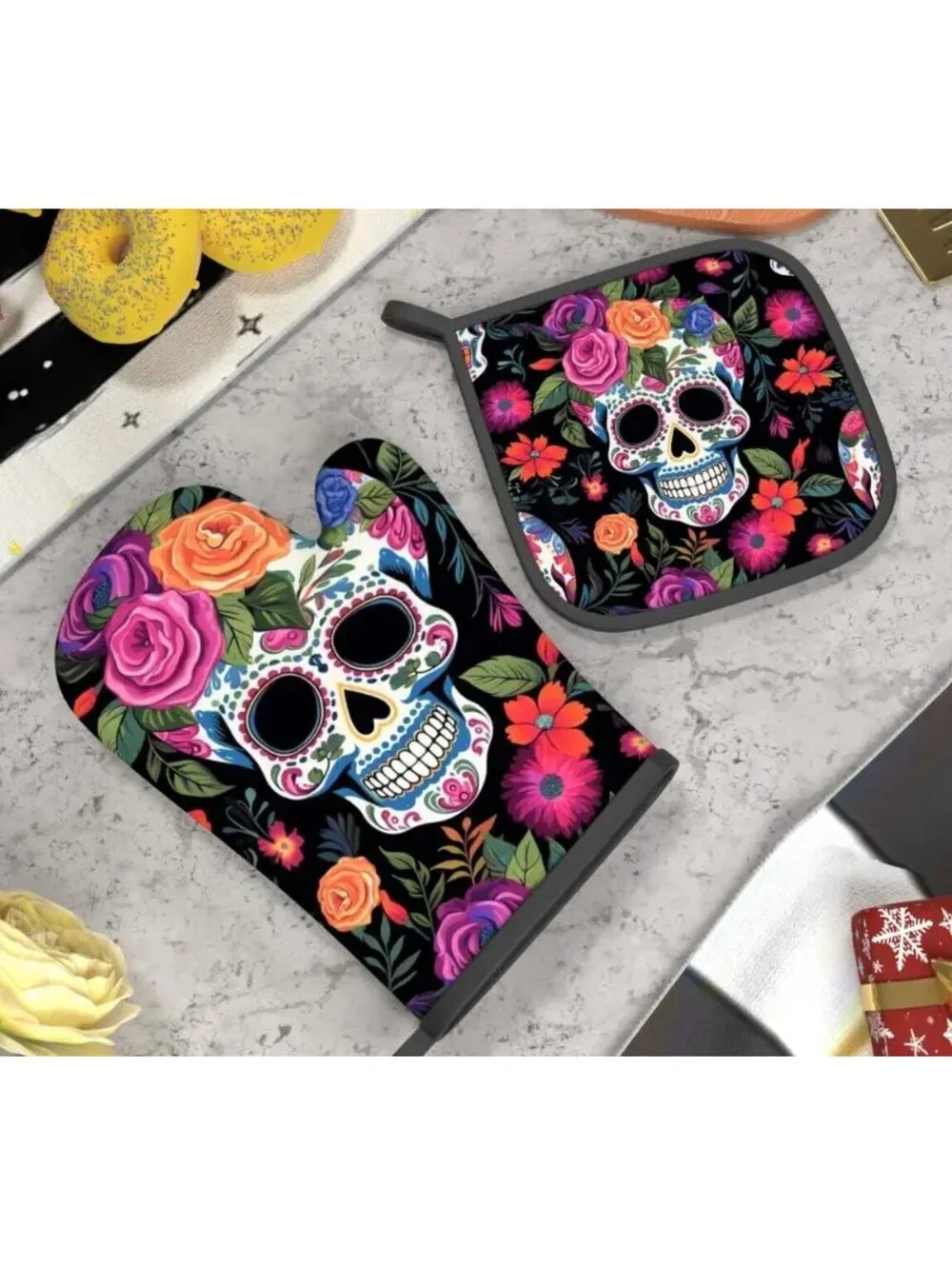 New - 2pcs Floral Skull - Oven Mitts and Pot Holders Set